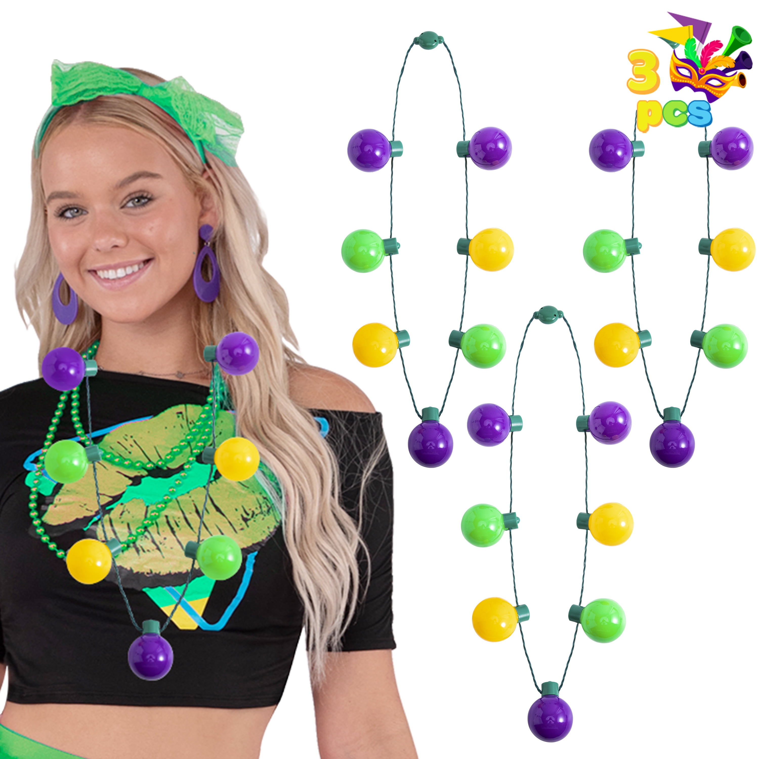 Joyfy 3 Pcs Mardi Gras LED Necklaces,18 inch Light up Bulb Necklace for Events and Party Favor Novelty,Carnival Party Supplies