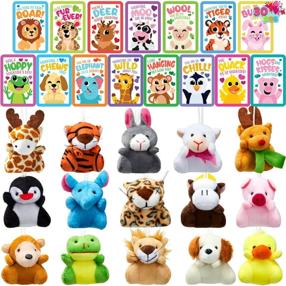 Joyfy 30 Packs Valentine's Day Gifts Cards with Animal Plush Toy for Kids, Valentine's Plush Keychain Toy for Classroom Exchange Cards and Party Favor, Valentine Greeting Cards, Game Prizes