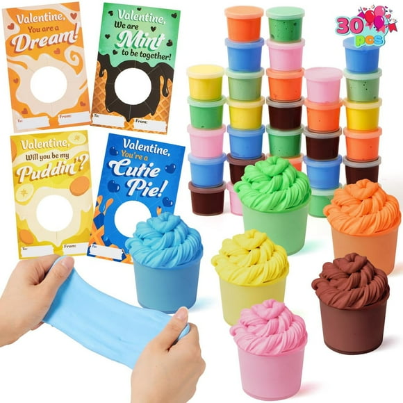 JOYFY 30 Packs Valentines Day Cards with Butter Slime, 6 Colors Valentines Slime Party Favors, Stress Relief Fidget Toys and Gift Cards for Kids Valentine's Day Classroom Exchange Gift, Prizes