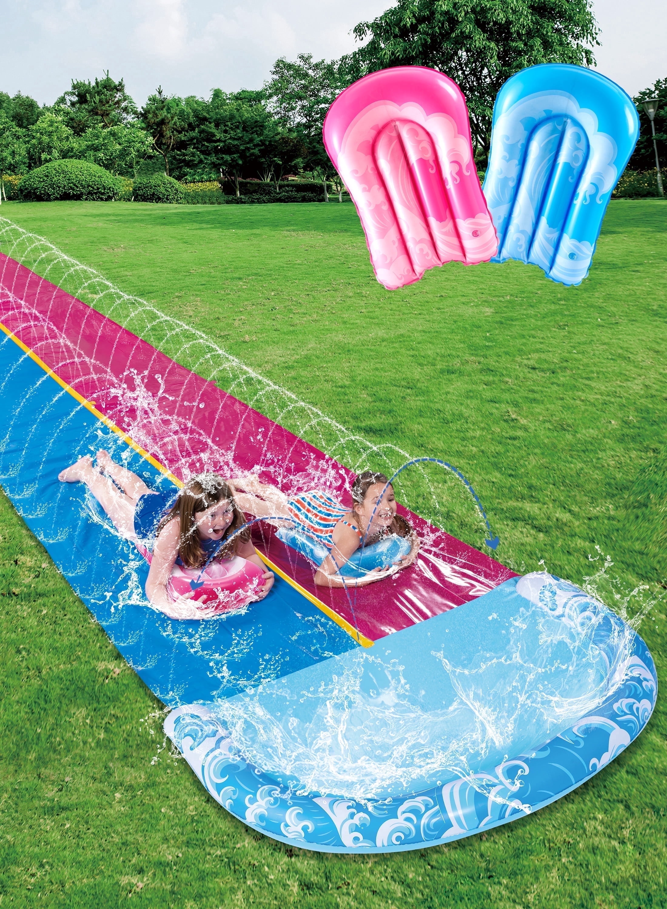 Joyfy 32.5ft Extra Long Water Slide and 2 Inflatable Boards, Heavy Duty Lawn Water Slides 2 Waterslide Slip with Sprinkler for Kids Adults