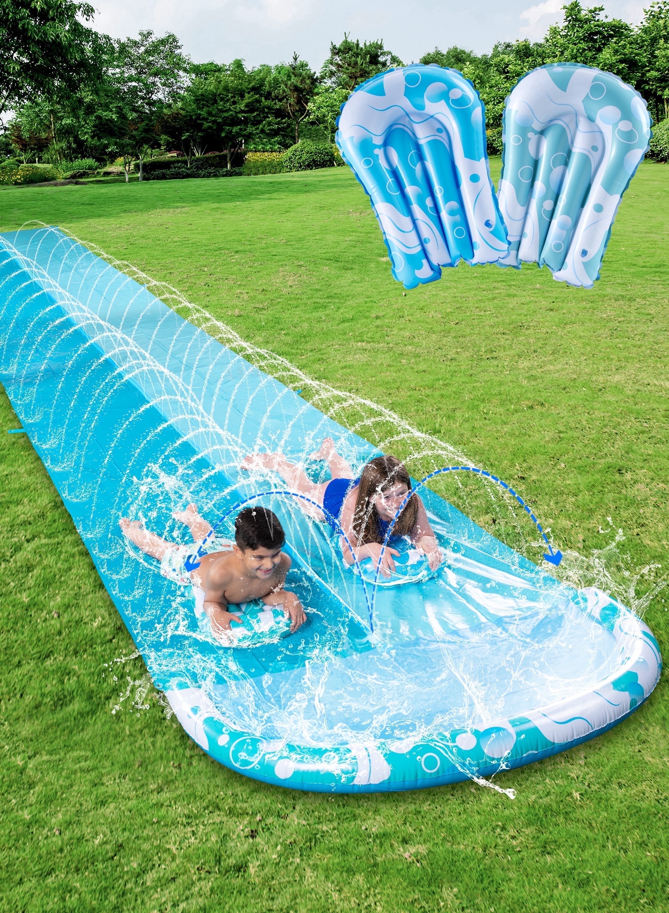Joyfy 32.5ft Extra Long Water Slide and 2 Inflatable Boards, Heavy Duty Lawn Water Slides 2 Waterslide Slip with Sprinkler for Kids Adults