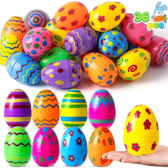 Joyfy 36 Pcs Printed Easter Eggs for Easter Hunt, Plastic Empty 3.15" Fillable Easter Eggs Bulk for Basket Stuffers Fillers, Classroom Prize Supplies, Filling Treats and Party Favor