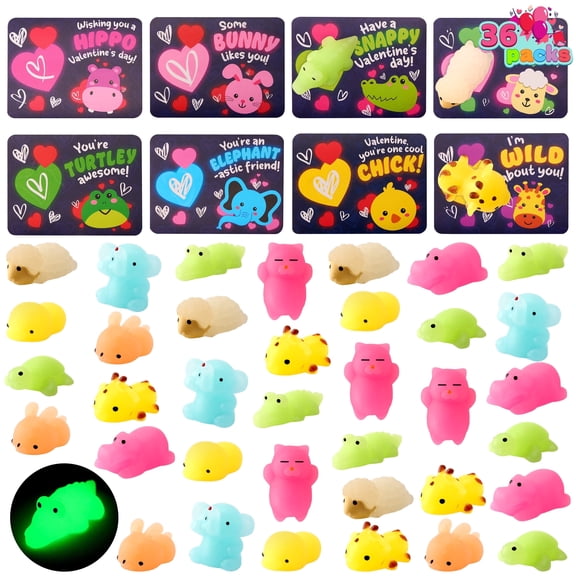 Joyfy 36 Packs Valentine Cards with Glow in Dark Mochi Squishy Toys, Stress Relief Fidget Toys, Glowing Squeeze Toys for Kids Valentine's Party Favors School Classroom Exchange Gifts