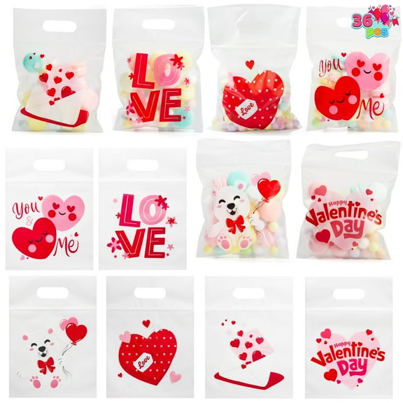 Joyfy 36 Pcs Valentine's Day Cellophane Bag with Designs,Candy Goody Treat Gifts Bags for Kids Classroom,Valentine Bags for Kids’s Goody Bag, Classroom Exchange Prizes
