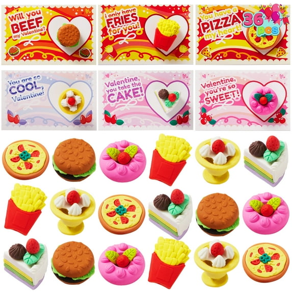 JOYFY 36 Pieces Valentines Day Gift Cards with 3D Dessert Erasers for Kid Classroom Valentines Day Cards, Party Favor Toy Card Party Favor, Classroom Prize Supplies, Valentine’s Greeting Cards