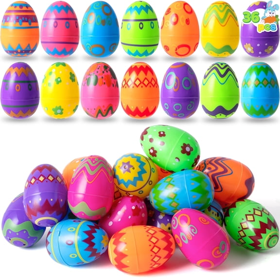 Joyfy Printed Easter Eggs 36 Pcs 3.15", Plastic Fillable Empty Easter Eggs Bulk for Easter Hunt, Basket Stuffers Filler, Classroom Prize Supplies,Party Favors