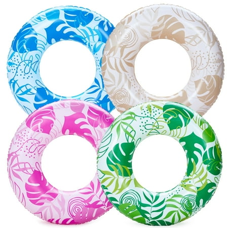 Joyfy 4 Packs Inflatable Tropical Leaves Swim Rings,Swim Tube Pool Party Toy for Summer (Blue, Pink, Green, Champagne)