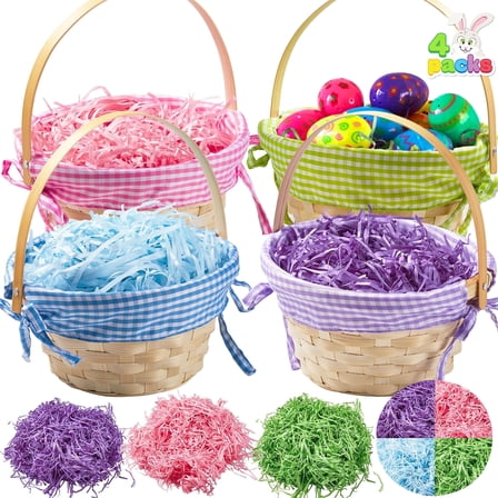 Joyfy 4 Pcs Easter Baskets with 4 Colors Grass Paper Shreds, Easter Woven Basket with Handles for Kids, (9" X 8") Easter Baskets for Easter Egg Hunt, Filling with Party Favors