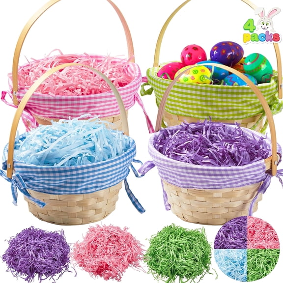 Joyfy 4 Pcs Easter Baskets with 4 Colors Grass Paper Shreds, Easter Woven Basket with Handles for Kids, (9" X 8") Easter Baskets for Easter Egg Hunt, Filling with Party Favors