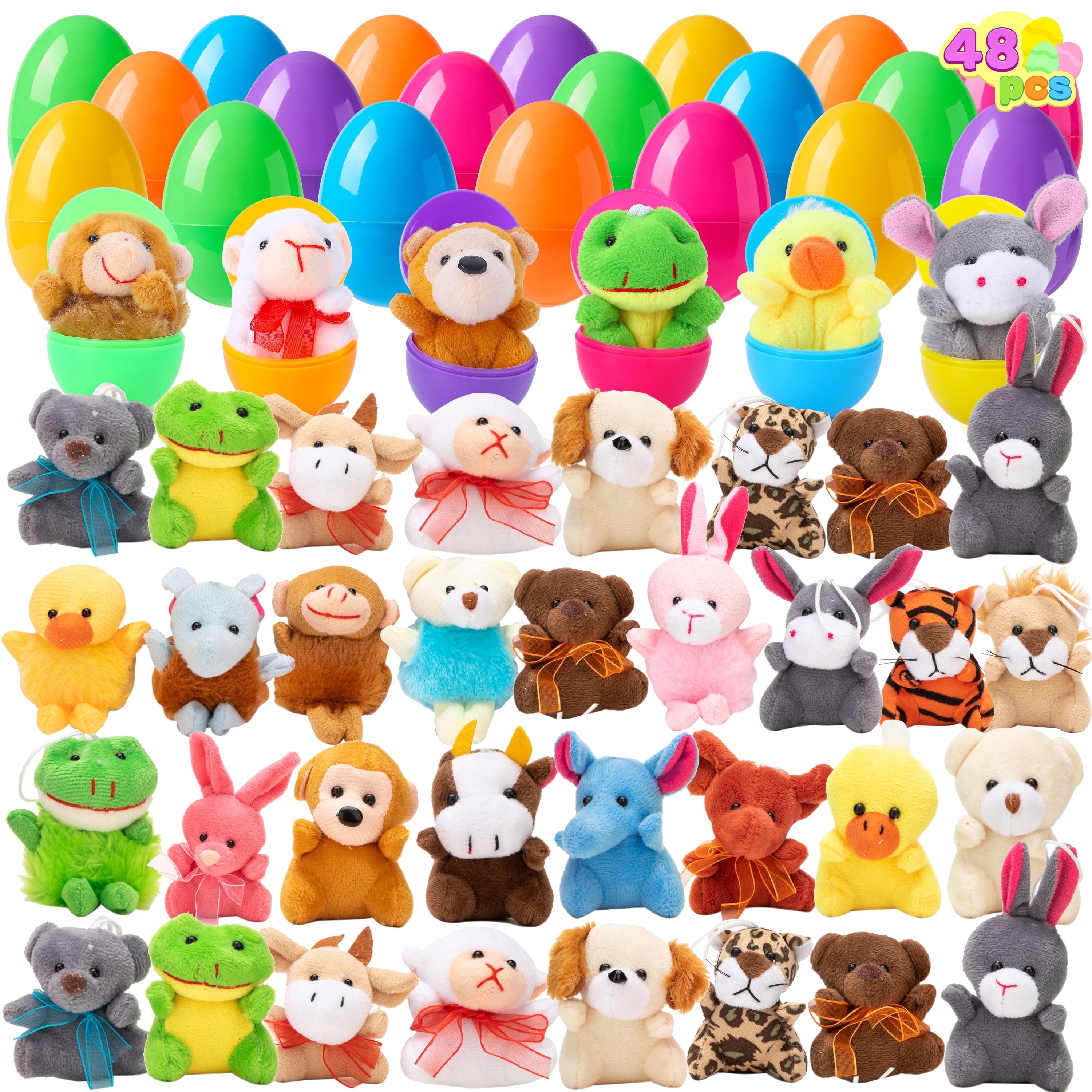 Joyfy 48 Pack Prefilled Easter Eggs with Toys,Easter Eggs with Mini Stuffed Animals Plush Toys for Kids Toddler,Easter Basket Filler Egg Hunt Filler Stuffer