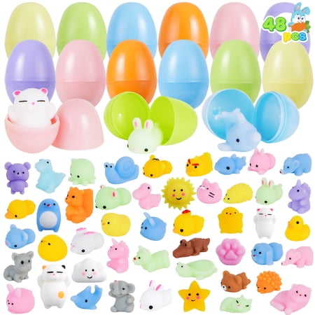 JOYFY 48 Packs Prefilled Easter Eggs with Mochi Toys,Mochi Squishies Stress Relief Toys Stuffed Plastic Easter Eggs for Easter Basket Kids