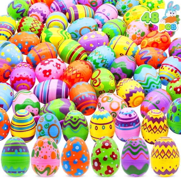 Joyfy 48 Pcs Bright Easter Eggs, 2.3" Tall Emply Plastic Printed Easter Eggs for Easter Egg Hunt, Basket Stuffers Fillers, Classroom Prize Supplies, Filling Treats and Party Favor