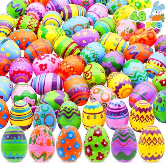 Joyfy 48 Pcs Bright Easter Eggs, 2.3" Tall Emply Plastic Printed Easter Eggs for Easter Egg Hunt, Basket Stuffers Fillers, Classroom Prize Supplies, Filling Treats and Party Favor