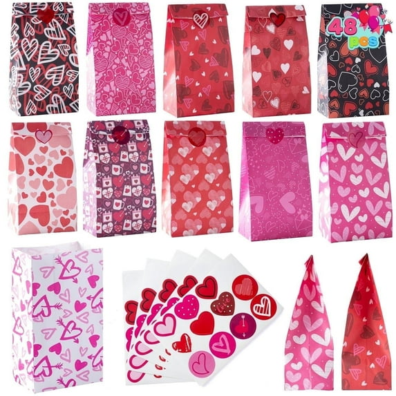 Joyfy 48 Pcs Valentines Gift Bags,Paper Bags with Stickers for Kids,Valentine Treat Bags Goodies Bags for Wrapped Gifts Party Supplies