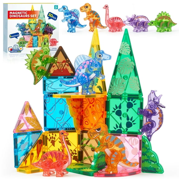 Joyfy 50PCS Dinosaur Magnetic Building Tiles Set for Kids, Dinosaur Set with 5 Cute Dinosaur, 3D Educational STEM Toy for Boys Girls 3-8, Preschool Kidergarten Learning Toys