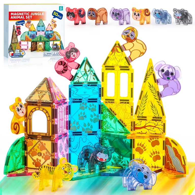 Joyfy, Magnetic Tiles Toy, Jungle Animal Set, 50 Pieces