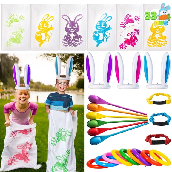 Joyfy 33Pcs Easter Potato Sack Race Bags,Spoon and Egg Race, 6 Players Legged Relay Race Bands Elastic Tie Rope for Easter Theme Party Favor, Outside Lawn,Eggs Hunt Game Activities