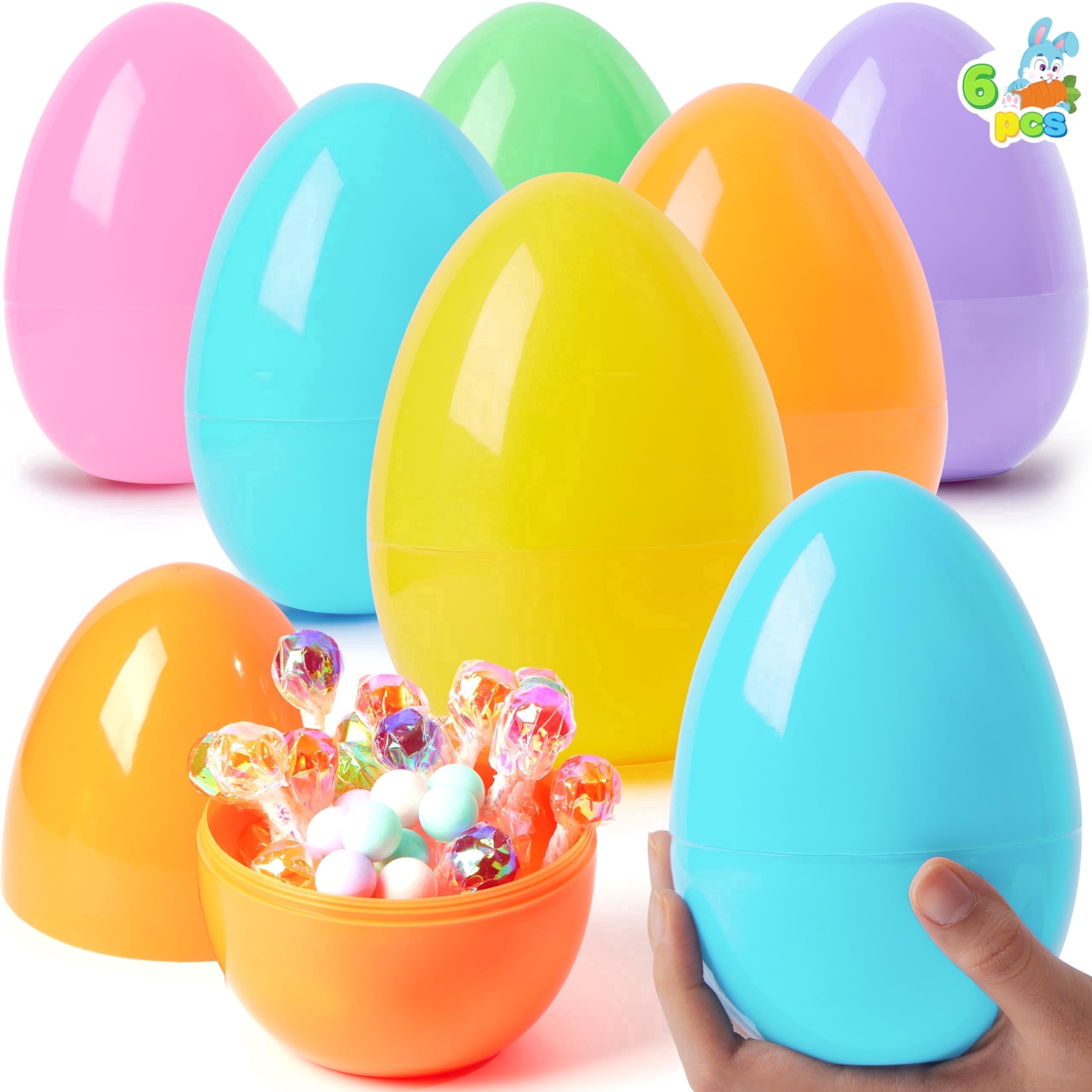 Joyfy 6 pack Large Easter Eggs, 6" Pastel Jumbo Plastic Easter Eggs, Empty Fillable for Easter Egg Hunt, Basket Stuffers, Party Favors, Classroom Prize Supplies