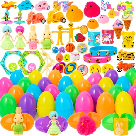 Joyfy 60 Packs Prefilled Easter Eggs with Assorted Toys,2.4" Easter Egg Bulk for Kids,Easter Eggs Hunt Events,Basket Stuffers Fillers,Classroom Prize Supplies