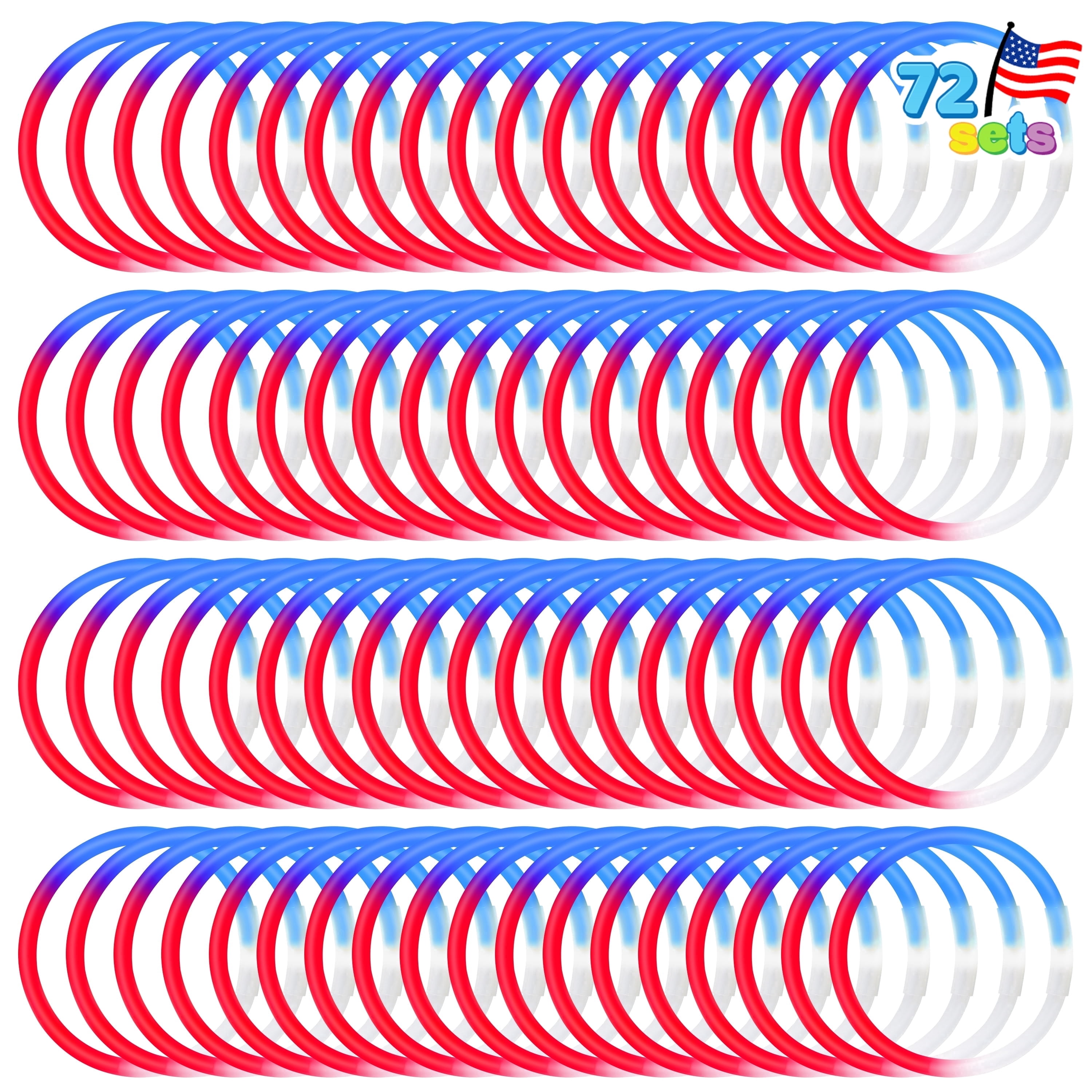 Joyfy 72 Pcs 4th of July Glow Sticks Bulk with Connectors, Red White Blue 3 Colors in 1 Glitter Sticks for Kids and Adults to Make Bracelets and Necklaces, Party Favor Supplies For Independence Day