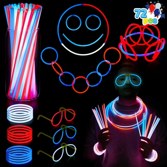 Joyfy 72 Pcs Independence Day Glow Sticks with Connectors, 3-Color Patriotic Glow Sticks, Independence Day Party Favors for Kids and Adults.