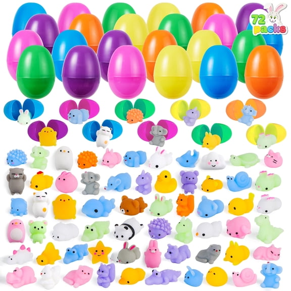 Joyfy 72 Packs Prefilled Easter Eggs with Mochi Toys,Mochi Squishies Stress Relief Toys Stuffed Plastic Easter Eggs for Easter Basket Kids