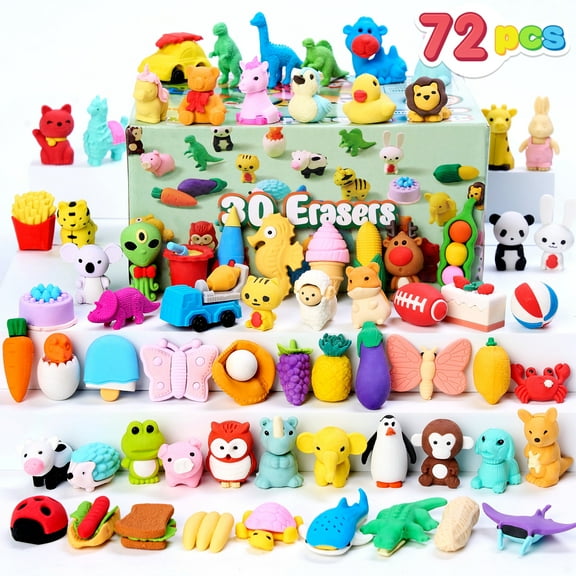 Joyfy 72 Pcs 3D Erasers for Kids, Food & Animals Erasers Bulk, Fun & Cute Mini Erasers for Pencil, Desk Pets, Classroom Prize, Birthday Party Favors, Treasure Box Toys, Gifts for Boys Girls
