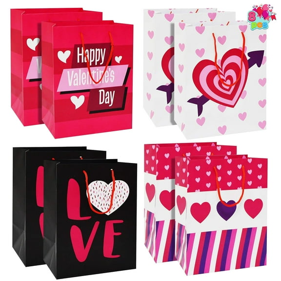 JOYFY 8 Pcs Valentines Day Gift Bags with Filling Paper in 4 Designs for Kids Party Favor Supplies Paper Wrapping Kraft Bags with Colorful Heart shaped Design