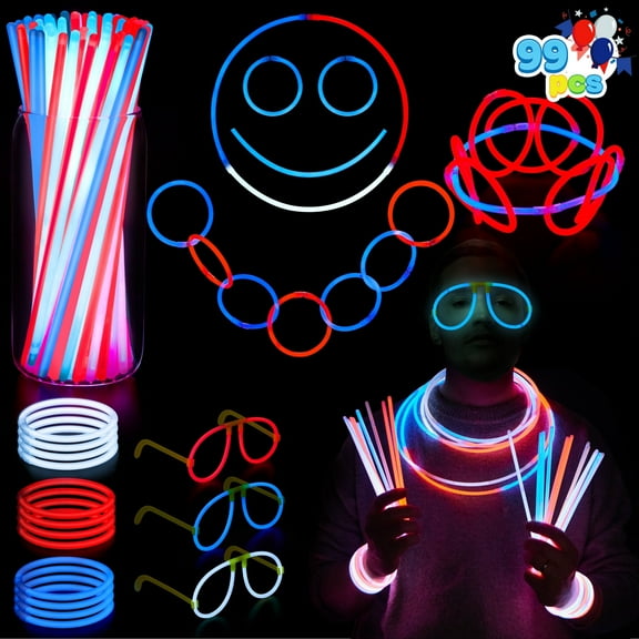 Joyfy 99pcs July 4th Glow Sticks Bracelets Necklaces Glasses, Red White and Blue Patriotic Glow Sticks Bulk, Glow in the Dark Party Favors for Kids Adults, Independence Day Parade