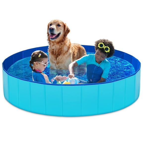 JOYFY Foldable Pool Plastic Kiddie Pool, Portable Doggie Swimming Pool for Dogs Cats and Kids(63" x 12", Blue)