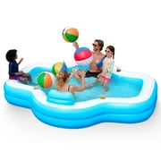 JOYFY Big Inflatable Pool for Kids Adults with Seats, Full-Sized Blow Up, Above Ground Family Pool with Backrest Cup Holders for Summer Water Party Backyard Garden Lawn, Blue