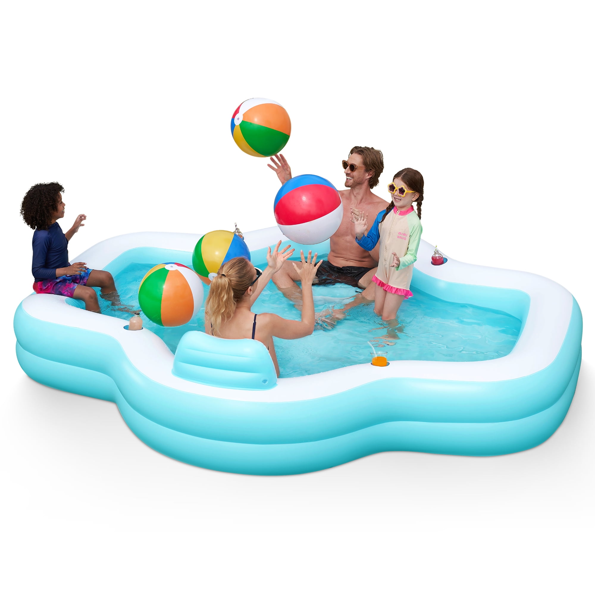 JOYFY Inflatable Full-Size Family Pool with Bench Seat and Cup Holders (Cyan)