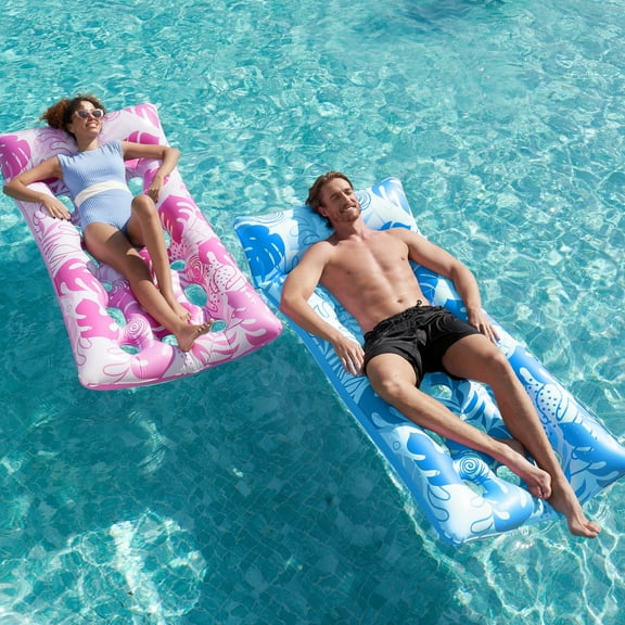 JOYFY Inflatable Pool Float Lounger Adults, 2 Packs XL Pool Floaties Sun Tanning Bed Float with Headrest for Adults, Floating Mat Pool Lounge Raft Floaty for Lake Beach Swimming Pool Party Water Fun