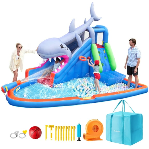 Joyfy Inflatable Water Slide Shark Bouncy House, Kids Bounce House with Splash Pool, Slide, Basketball Hoop, Climbing Wall, Water Cannon, Jumping Castle for Kids 3-12, Indoor & Outdoor