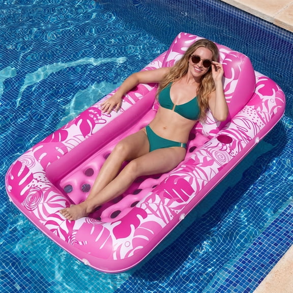 Joyfy Inflatable Pool Floats for Adults, 72" x38'' Daybed Pool Lounger Adults with Cup Holders, Adjustable Backrest Tanning Lounger Chair, Ultra-Comfort Pool Floaties Raft Lake Beach Float(Pink)