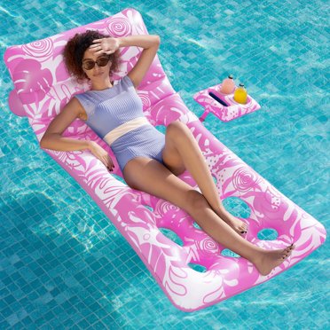 JOYFY Tropical Leaves Pool Lounger with Adjustable Backrest (Pink)