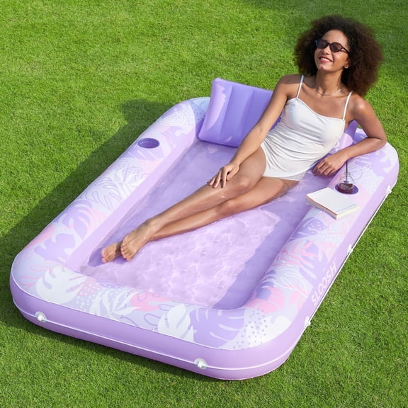 Inflatable Tanning Pool Lounger Float, 70" x 46" Large Suntan Sun Tan Tub for Adults, Tanning Chair, Bed Blow up, Raft Lounge Floatie Blue Checker