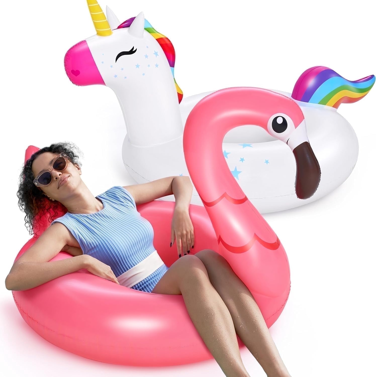 Joyfy 2-Pack Unicorn Flamingo Pool Floats, Pool Tubes for Floating, Fun Beach Floaties, Summer Party Pool Toys for Adults Kids
