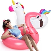 Joyfy 2-Pack Unicorn Flamingo Pool Floats, Pool Tubes for Floating, Fun Beach Floaties, Summer Party Pool Toys for Adults Kids