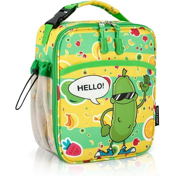 JOYHILL Kids Insulated Lunch Box, Reusable Lunch Bag for Toddler Teen Boys Girls, Small Cooler Lunch Tote with Handle and Water Bottle Holder, Cucumber