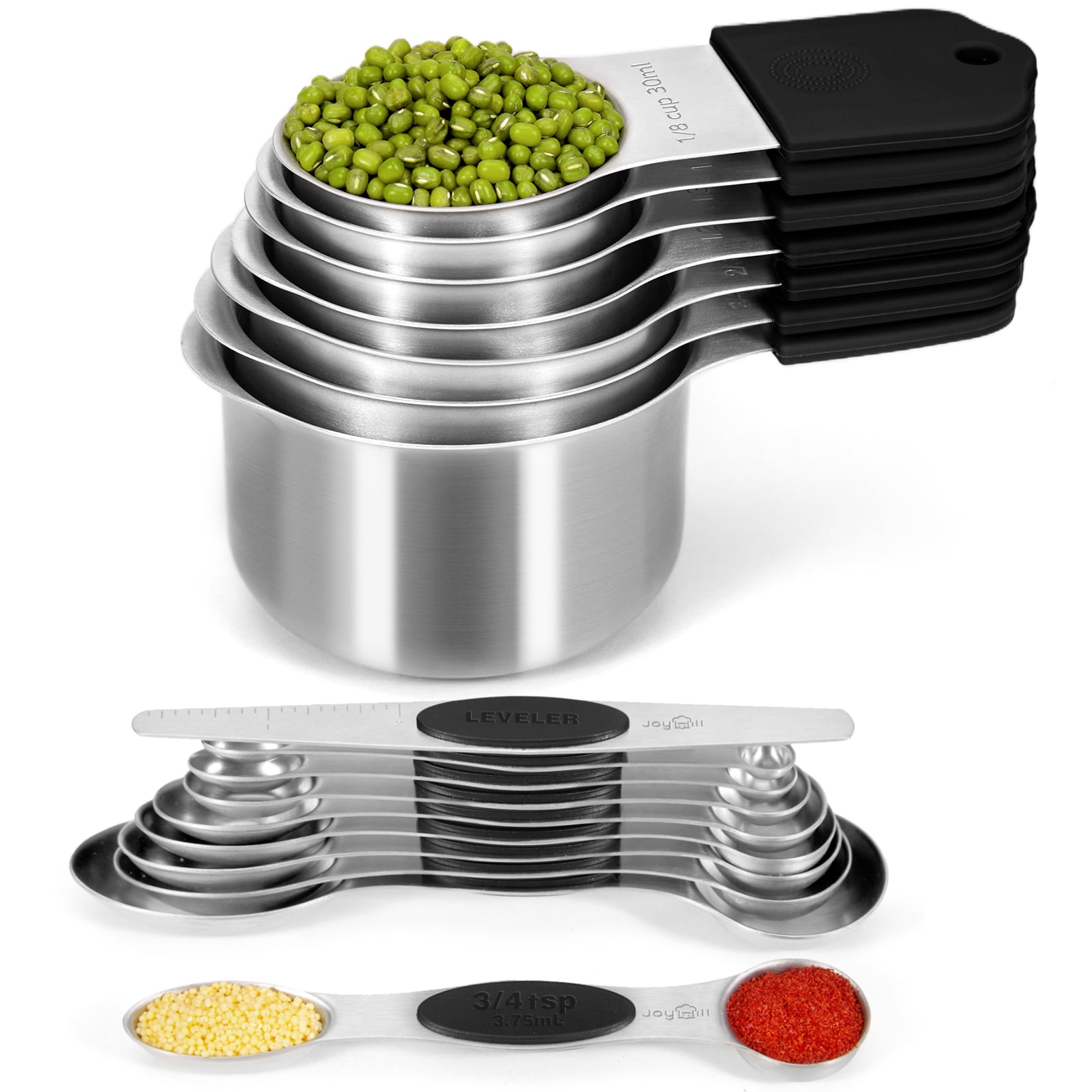JOYHILL Magnetic Stainless Steel Measuring Cups and Spoons Set of 16 Piece, Nesting Metal Measuring Cups Set with Soft Touch Silicone Handles for Cooking & Baking, Black