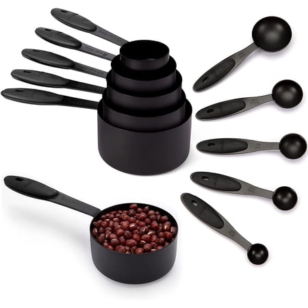 JOYHILL Stainless Steel Measuring Cups and Spoons Set of 10 Piece, Nesting Metal Measuring Cups Set with Soft Touch Silicone Handles for Dry and Liquid Ingredients Cooking & Baking, Black