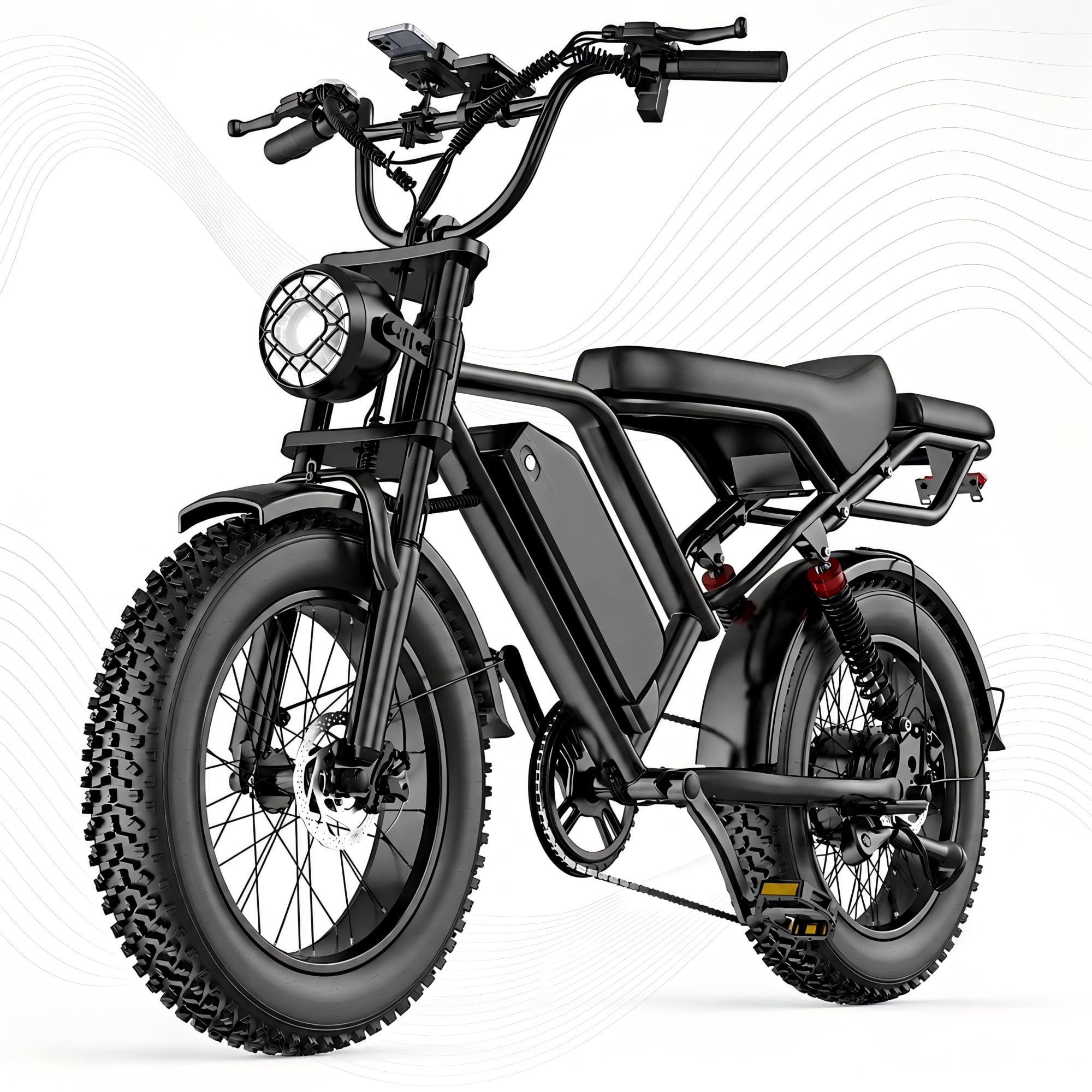 750W Electric Mountain Bike for Adults, 1500W Peak Motor, 20 MPH 20" x 4" Fat Tire E-Bike, 48V 18Ah Removable Battery, Up to 45 Miles, Full Suspension, 7-Speed, 2-Seater, UL2849 Certified