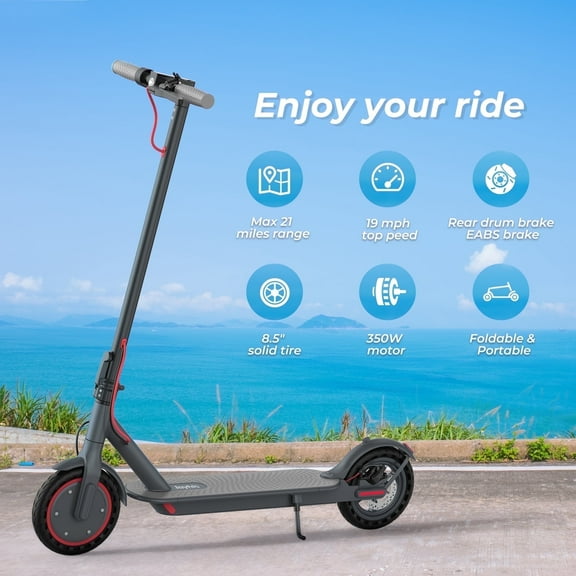 8.5" Solid Tires Electric Scooter , 350W Motor, Up to 19 MPH and 21-23 Miles Long-Range Portable Foldable Commuting Scooter for Adults with Double Braking System and App