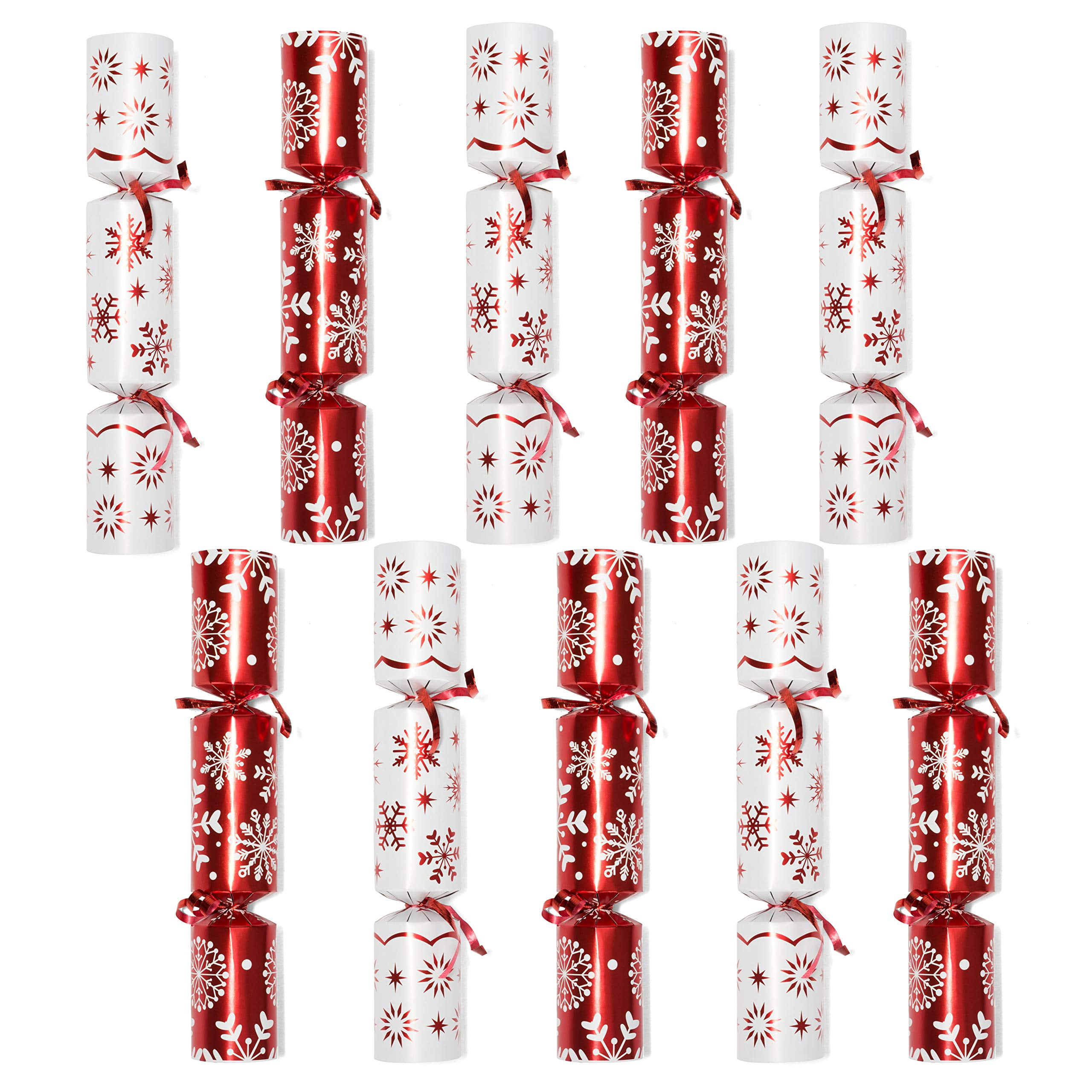 JOYIN 10'' Christmas Crackers Party Table Favor, 10 Pcs No Snap Red & White Snowflake Design, with Party Hat Joke & Little Gift for Xmas Holiday Dinner Traditions