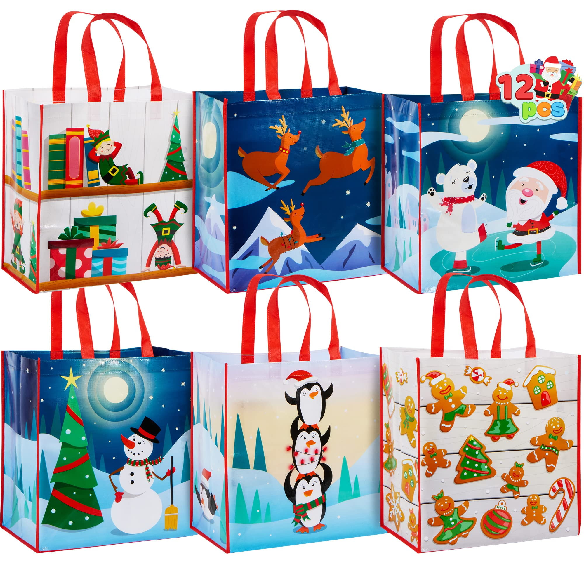 JOYIN 12 PCs 13.75" x 14" Christmas Large Tote Bags Holiday Reusable Grocery Bags for Classroom