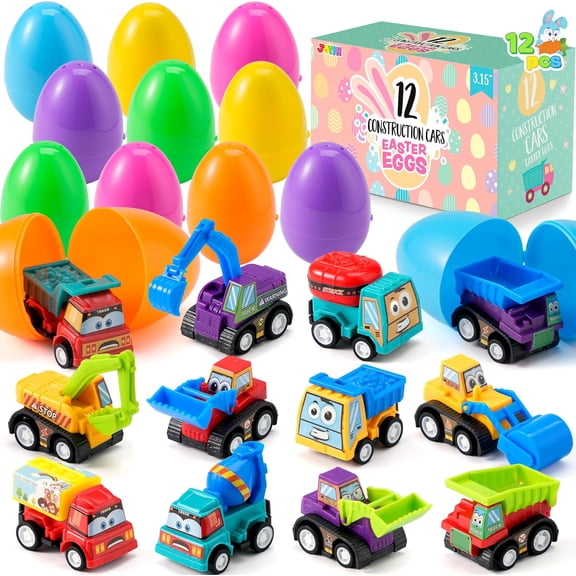 JOYIN 12 Pcs Easter Eggs Filled with Toy Cars, Colorful Prefilled Pull Back Construction Vehicle, and Race Car for Kids Boys Hunt, Basket Stuffers, Party Favors, Classroom Prize