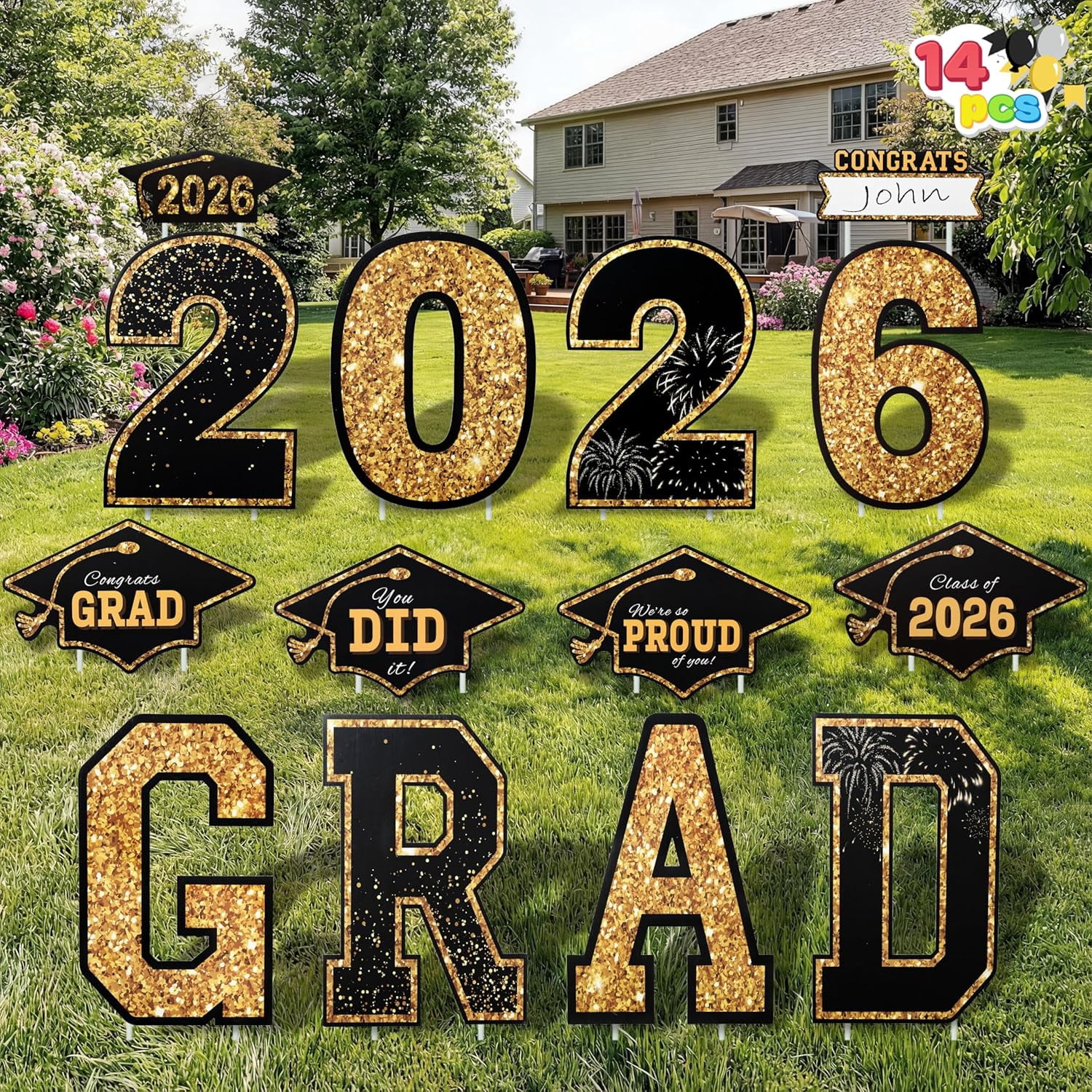 JOYIN 14 Pcs Graduation Yard Signs Class of 2026, Black & Gold Congrats ...