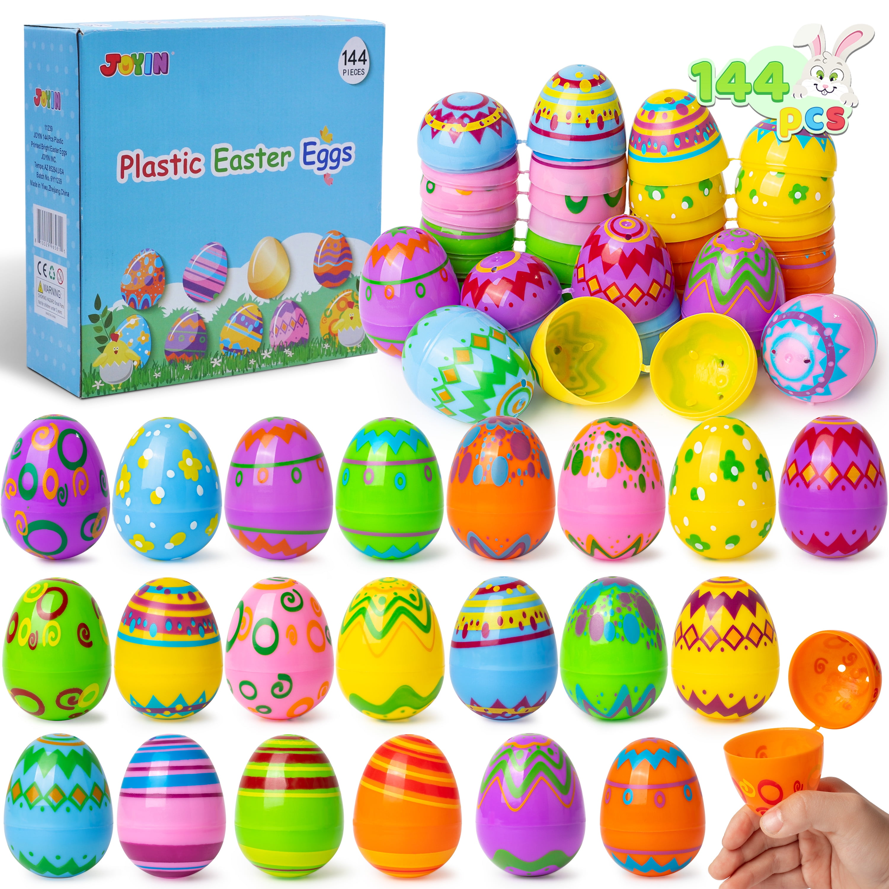 JOYIN 144 Pcs 2.3" Printed Bright Easter Eggs, Plastic Easter Eggs Assorted Colors for Easter Hunt, Basket Stuffers Fillers, Classroom Prize, Filling Treats and Party Favors