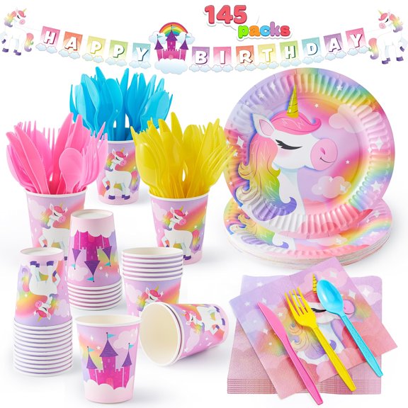 JOYIN 145 Pcs Unicorn Birthday Party Supplies with Unicorn Banner for Girls, 24 Serves Unicorn Disposable Tableware Set with Plates, Cups,Napkins,and Cutlery Sets for Unicorn Themes Party Kids